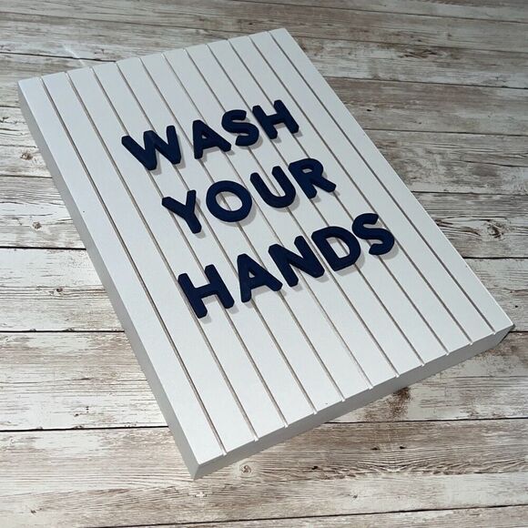 Bathroom Kitchen Wall Decor Sign Wash Your Hands White Blue Ready to Hang NWT - Picture 5 of 8
